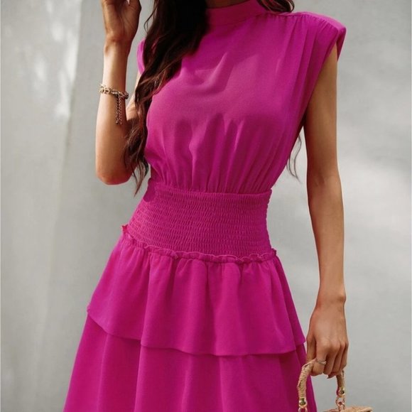 Mock Neck Shirred Waist Layered Hem Mini Dress Pink - Picture 2 of 8